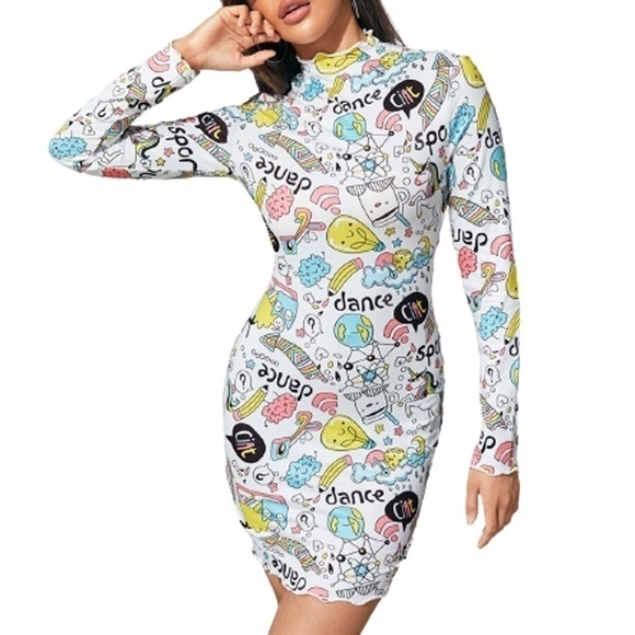 Op Pop Art Scribble Dress Bandaid Bodycon Graphic Cartoon Graffiti Unicorns NIP - Picture 1 of 12